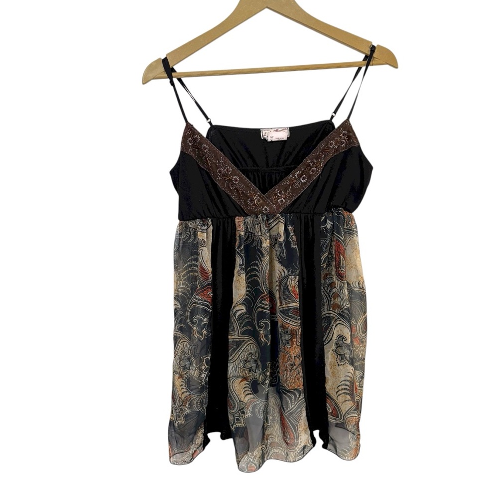 Vintage Size Large Brown Multicolor Paisley Print Beaded Babydoll Tunic Top